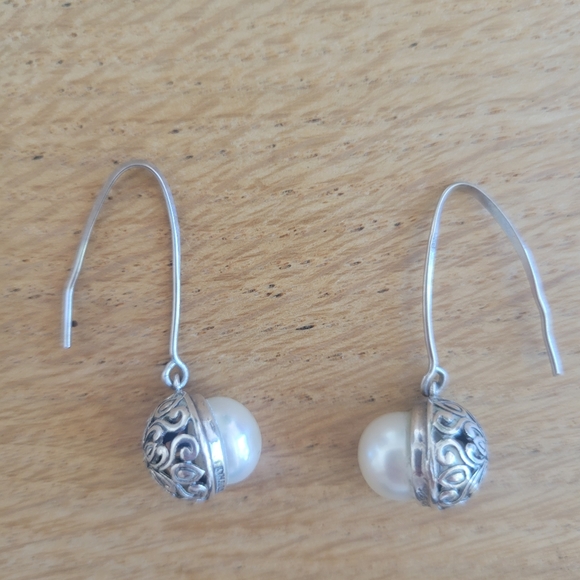 Genuine Cultured Pearl 925 Dangly Filigree Earrings - Picture 1 of 10